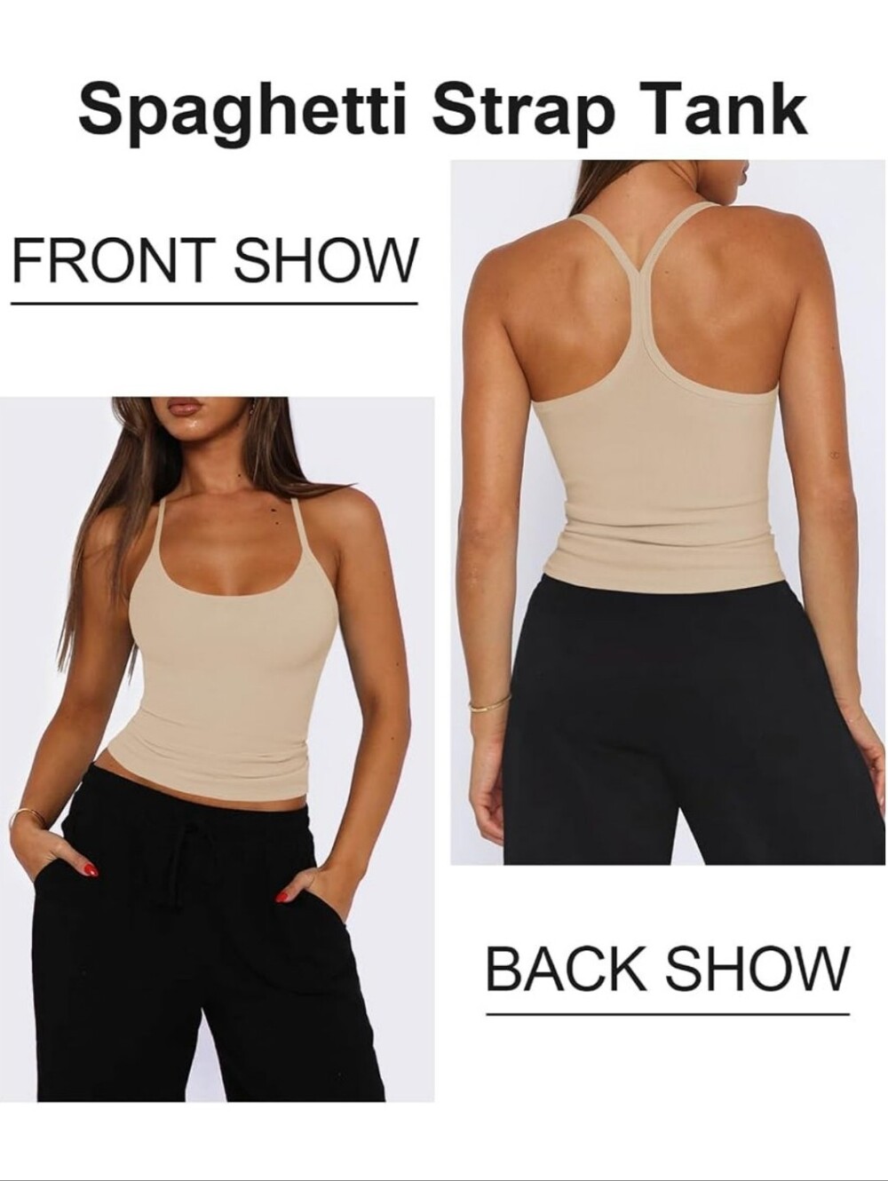 Tan Halter Top Scoop Neck Spaghetti Strap Tank Top - Women Ribbed Fitted